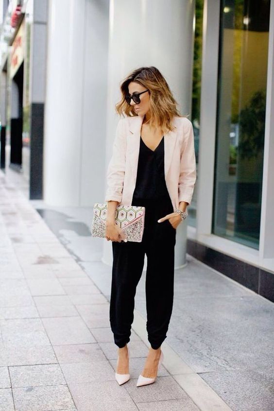 Office Style: Pink Blazer & Black Joggers